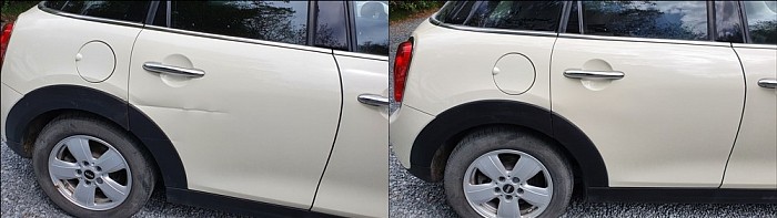 white mini with dent in door and after having been repaired by smart techniques bodywork