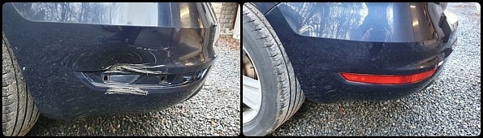 car bumper with damage and car bumper after being repaired