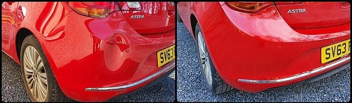 red astra plastic bumper with dent before and after being repaired