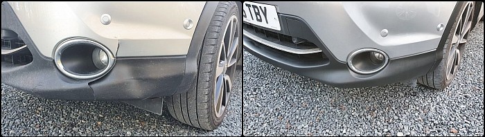 car bumper with damage and after being repaired