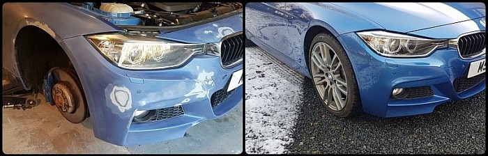 bmw front bumper with damage and after being repaired