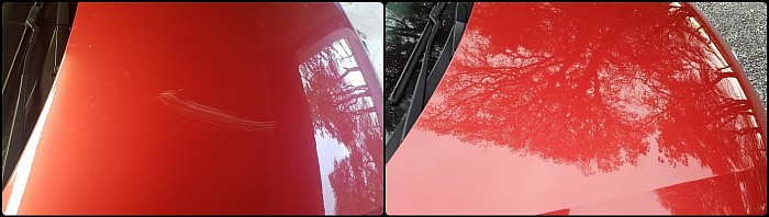 car bonnet with scratches and after being repaired and painted