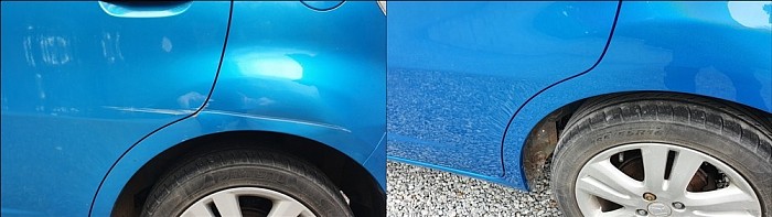 blue car with dent and after being repaired by smart techniques