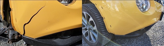 yellow nissan juke with front bumper damage and after being repaired by smart techniques aberdeen