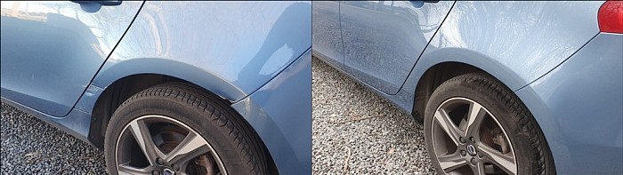 car wheel arch with damage and after being repaired  bodywork paintwork