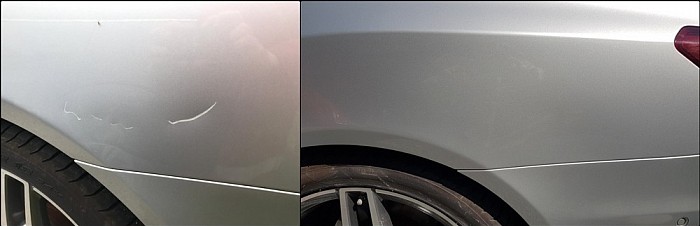 silver car rear quarter with damage. smart techniques aberdeen painted and repaired this