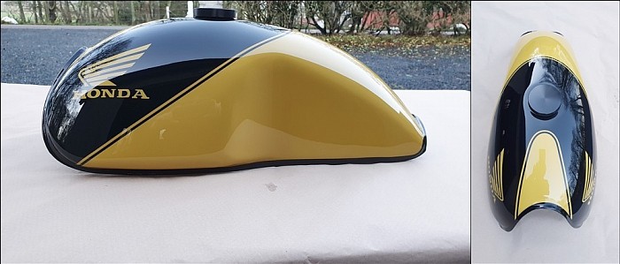 black and gold honda tank after repair and paintwork Smart Techniques Aberdeen