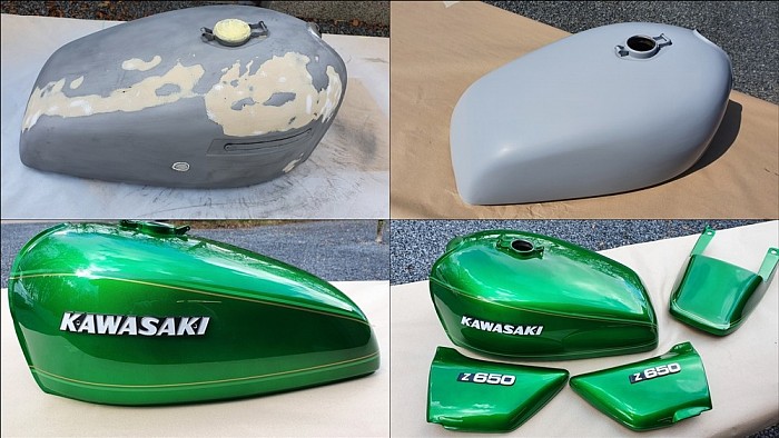 green kawasaki bike tank before during and after repair and paintwork by smart techniques aberdeen